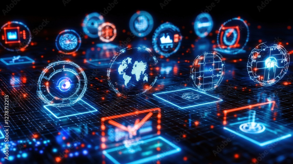 Poster futuristic representation of clean energy sources with glowing icons and digital elements in a dark 