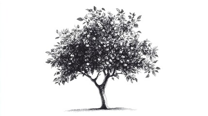 A black and white sketch drawing of an apple tree