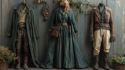 Naklejka premium A collection of rustic, medieval-inspired outfits featuring natural fabrics, earthy tones, and carefully crafted details. The ensemble includes a flowing green dress with a leather belt and pouch, a r