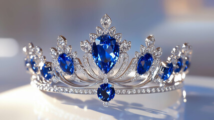 白系の明るい背景へ置いてある、ブルーの宝石が美しいティアラ