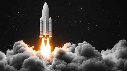 Rocket Launching into Space, A rocket launching into space, surrounded by clouds and a starry sky