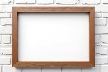 Empty Wood Picture Frame Against White Brick Wall Mockup