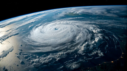 暗い宇宙に浮かぶ地球の台風の目を写した画像