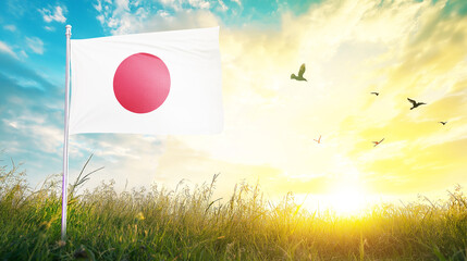 Japan flag textile cloth fabric waving on the top sunrise mist fog