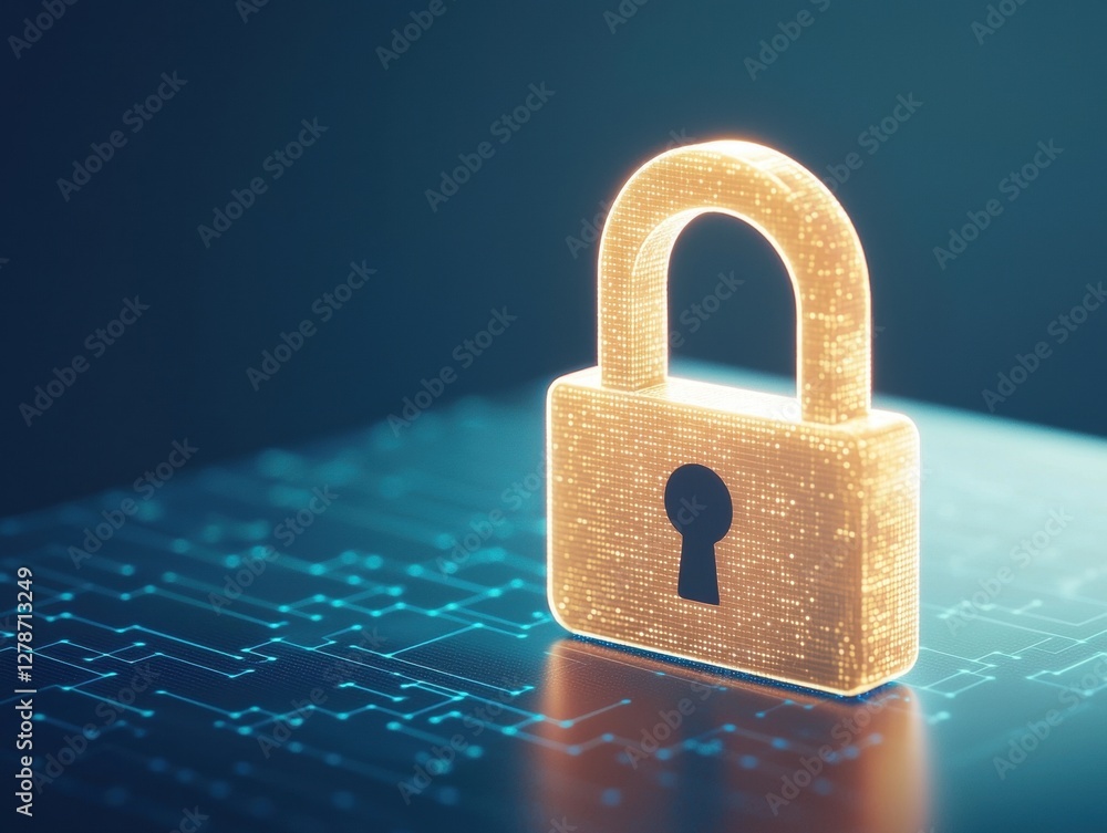Poster a glowing golden padlock symbolizes security and privacy in the digital world. it represents the imp
