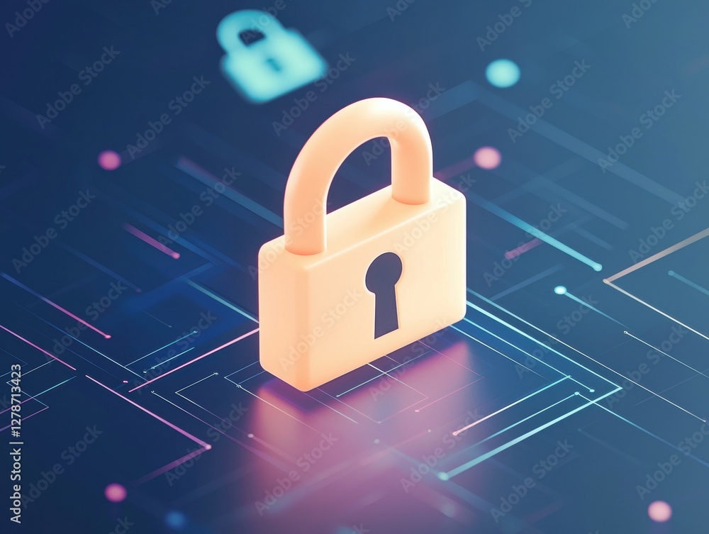 Poster a modern digital padlock symbolizes cybersecurity and data protection in a vibrant tech environment.