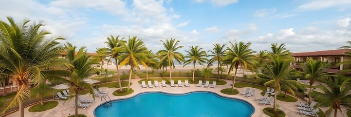 Obraz premium Paradise Found: A breathtaking aerial view of a luxurious resort, boasting a sparkling swimming pool and lush palm trees under a bright blue sky, offers a glimpse of idyllic vacation