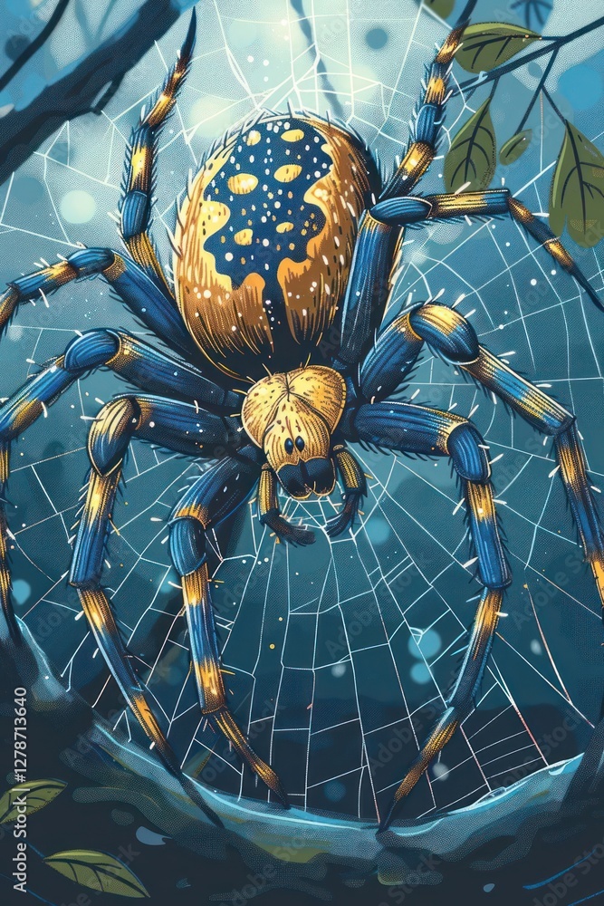 Poster a colorful spider with intricate patterns on its body, suspended in a web amidst foliage.