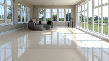 Fototapeta premium Spacious living room with a large window and comforting couch creating a welcoming atmosphere