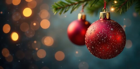 Glimmering Christmas baubles hang against a softly blurred festive backdrop , bokeh, studio