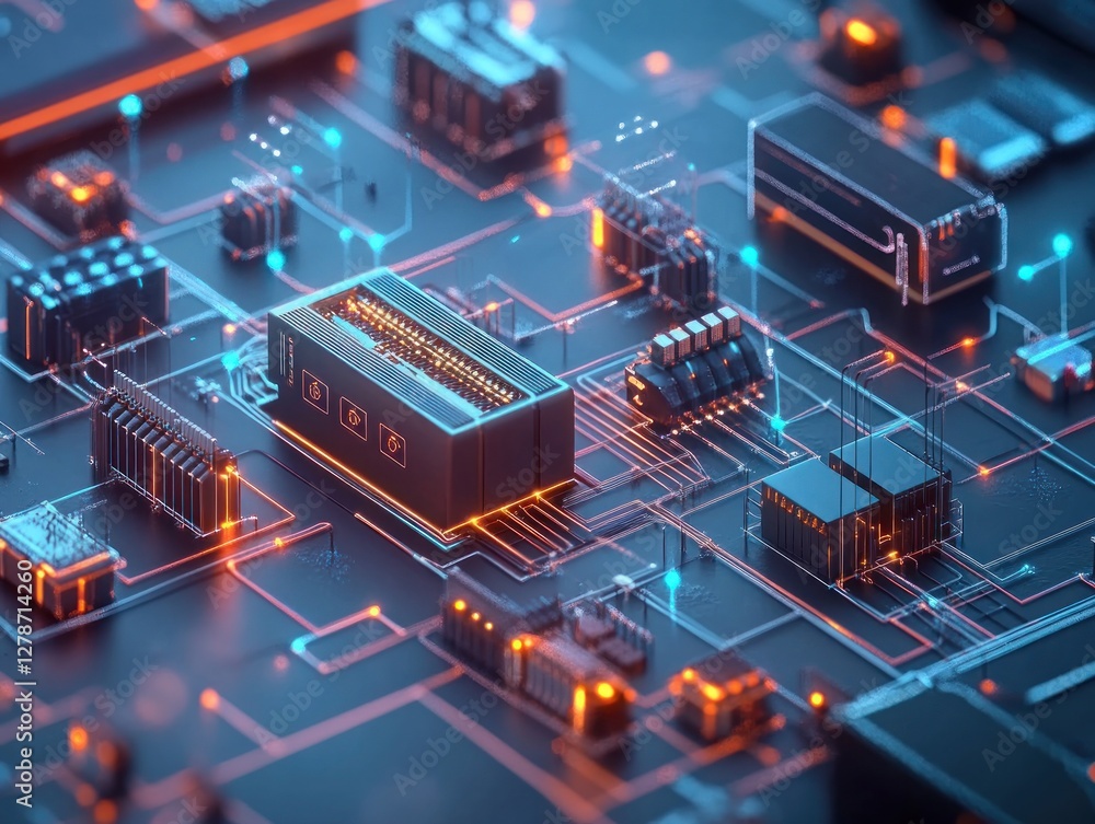 Poster abstract close-up of a futuristic circuit board with glowing elements