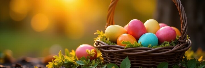 Golden hour illuminates vibrant eggs nestled in rustic basket, idyllic, sunshine