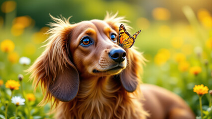 A long-haired Dachshund with blue eyes sitting among flowers with a butterfly on its nose.