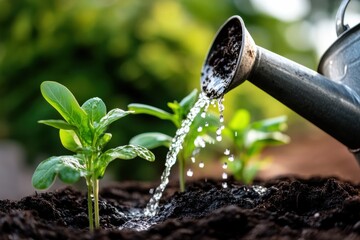 The image captures the essence of nurturing green plants, as a watering can pours water at their base, showcasing the pivotal role of hydration in plant health.