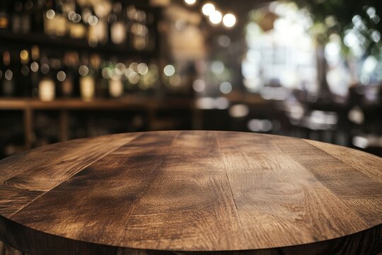 Empty wooden table in a wine bar, blurred background