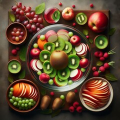 The image presents a visually compelling composition featuring kiwi fruit floating in water, surrounded by a vibrant array of fruits and vegetables.
