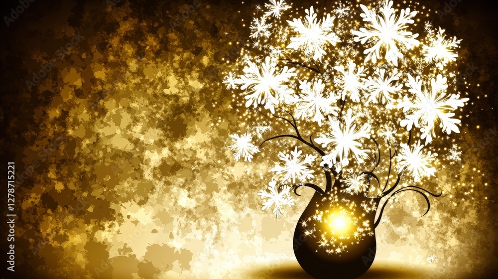 Poster glowing mobile device surrounded by sparkles and dazzling elements on a bright golden background