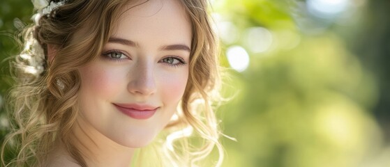 Naklejka premium Portrait of young woman with curly hair in natural light smiling softly in outdoor setting with greenery background, beauty, happiness, lifestyle concept.