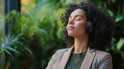 Person wearing headphones enjoying music in a relaxing indoor environment surrounded by plants, focused on mindfulness and stress relief in modern lifestyle.