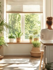 Fototapeta premium Morning light bathes a serene indoor space where a person enjoys a peaceful moment by the window adorned with greenery. Generative AI