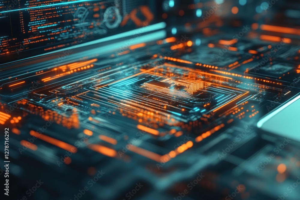 Poster abstract close-up of a futuristic circuit board with glowing elements