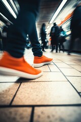 Fototapeta premium People commuting in a busy subway station with motion blurred feet in stylish orange sneakers walking on tiled floor urban lifestyle public transport.