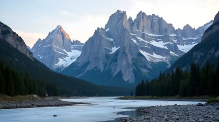 Naklejka premium Scenic Mountain Landscape with Snow-Capped Peaks, Evergreen Forest, and Frozen River in Serene Valley