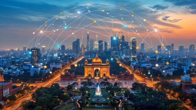 India gate illuminated by digital network at night, symbolizing urban connectivity in new delhi - Powered by Adobe