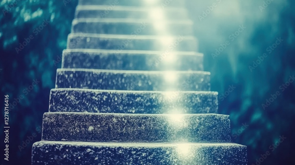 Poster glowing staircase vanishing into mist of light creating an ethereal pathway in a mystical environmen