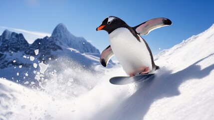 Obraz premium Penguin snowboarding down a snowy mountain slope, winter sports adventure, playful animal, outdoor fun, vibrant wildlife in nature, cold weather excitement.