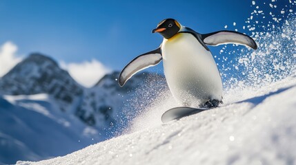Fototapeta premium Penguin sliding on snow in Arctic landscape with mountains and clear blue sky, wildlife photography, winter animal adventure and natural habitat exploration.