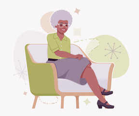 Senior woman african american old lady, kind grandmother resting pose. Experienced grandma, older elegant nice looking granny elderly person. Vector flat style cartoon illustration creative background