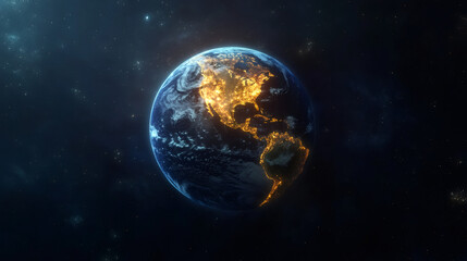 Obraz premium Planet Earth rotating in space with North and South America visible at night, showing city lights