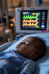 Newborn baby sleeping in hospital bed with heart rate monitor, pediatric care, patient health, medical technology, infant care, healthcare environment.