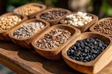 A vibrant display of various seeds beautifully organized in handcrafted bowls, showcasing the unique shapes and colors that highlight agricultural diversity and food sources.