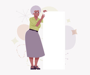 Senior woman african american old lady, kind grandmother banner stand. Experienced grandma, older elegant nice looking granny elderly person. Vector flat style cartoon illustration creative background