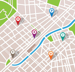 City map with navigation pins, vector file