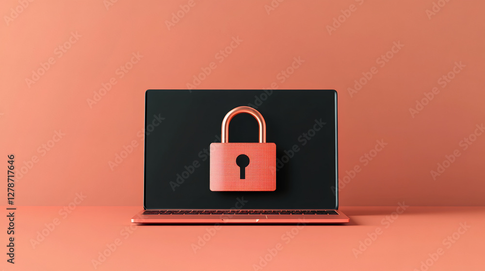 Poster laptop is showing a big security lock on the screen, suggesting cybersecurity, privacy and data prot