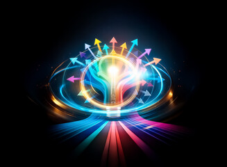 A colorful lightbulb radiates bright light and ideas, symbolized by arrows pointing in various directions against a stark black background.