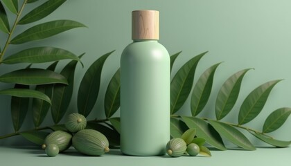 Dry shampoo bottle mockup with eco-friendly matte green bottle and wooden cap among fresh leaves and natural elements