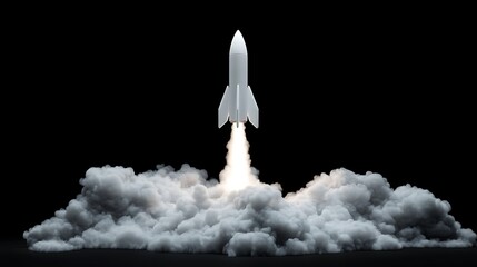 Fototapeta premium Rocket Launching into Space, A rocket launching into space, surrounded by clouds and a starry sky