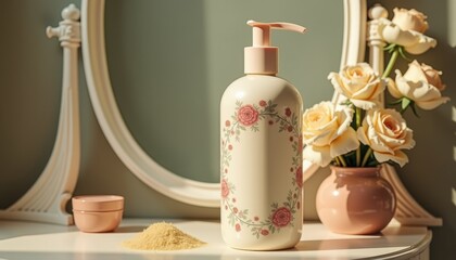 Dry shampoo bottle mockup with vintage cream color and floral patterns on antique vanity table