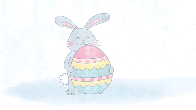 Easter bunny holding a decorated egg pastel carto
