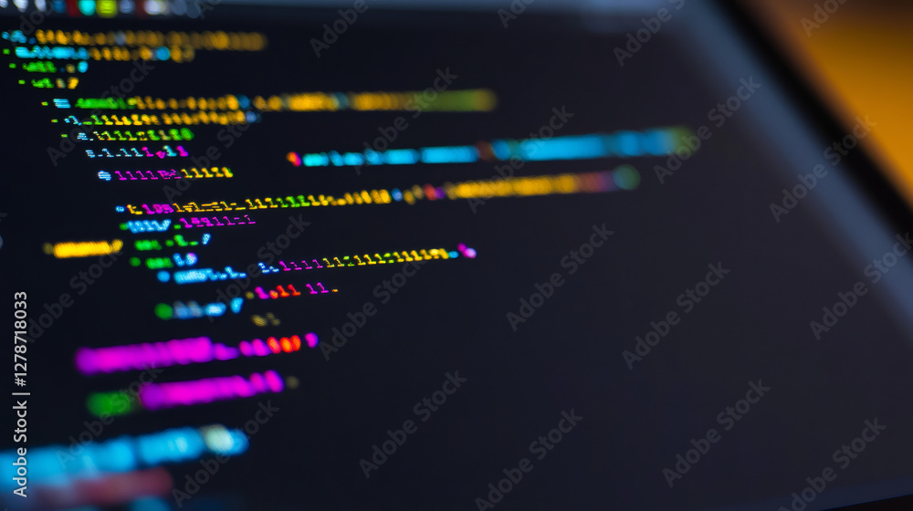 Poster Lines of programming code running on a computer screen with colorful characters, concept of software development