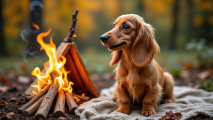 A cozy scene with a long-haired dachshund sitting on a blanket next to a roaring campfire.