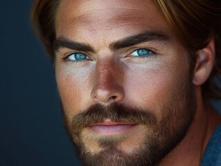Obraz premium Close-up portrait of a man with striking blue eyes and a well-groomed beard, set against a dark background, exuding confidence