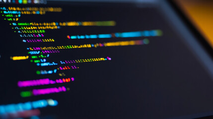 Lines of programming code running on a computer screen with colorful characters, concept of software development