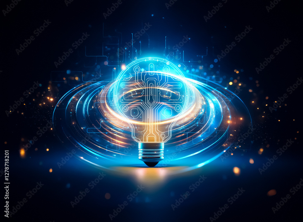Aufkleber a glowing lightbulb, its filament replaced by a circuit board, symbolizes innovation and technologic