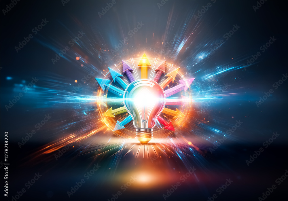 Poster a bright light bulb radiates colorful arrows, symbolizing ideas and direction. illuminating innovati