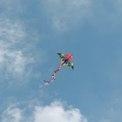 Kite Soaring: A vibrant kite dances against the backdrop of a partly cloudy sky, the wind carrying it high in a moment of carefree joy.